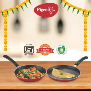 Pigeon Aluminium Nonstick Duo Pack Flat Tawa 250 mm & Fry Pan 200 mm Gift Set (Red)