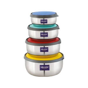 Nelcon Push & Lock Bowl Container (Color Lid) 1650 + 1150 + 750 + 500 + 300 Ml