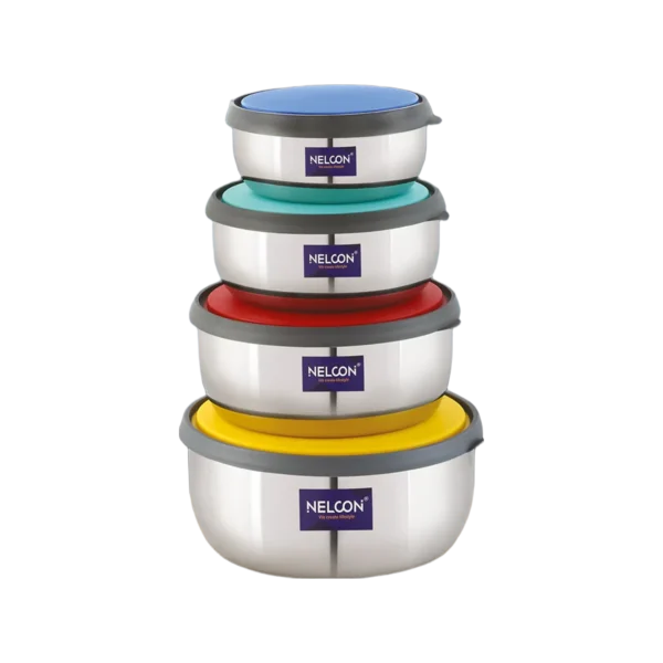 Nelcon Push & Lock Bowl Container (Color Lid) 1650 + 1150 + 750 + 500 + 300 Ml