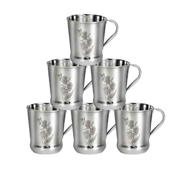 Leroyal Stainless Steel Pari Shape Designer Tea Cup (150 Ml) - Pack Of 6